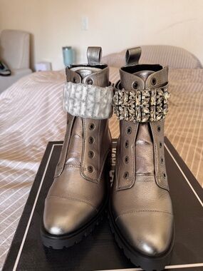 Karl Lagerfeld Metallic Silver Combat Boots with Jeweled Strap